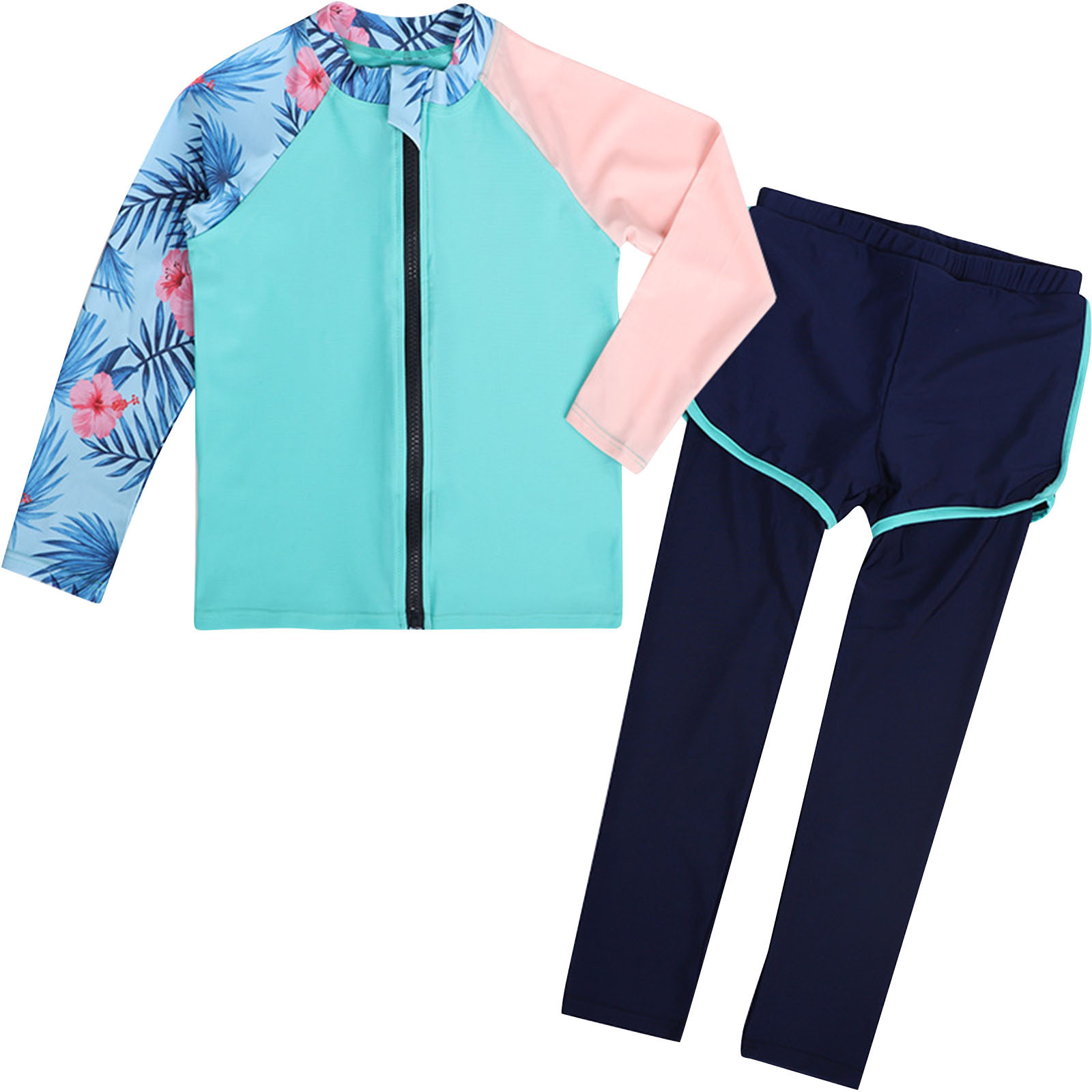 OGLCCG Swimsuit for Girls 2 Piece Long Sleeve Rash Guard Bathing Suit UPF 50+ Zipper Front UV Protection Sunsuit Swimwear 7-16 Years